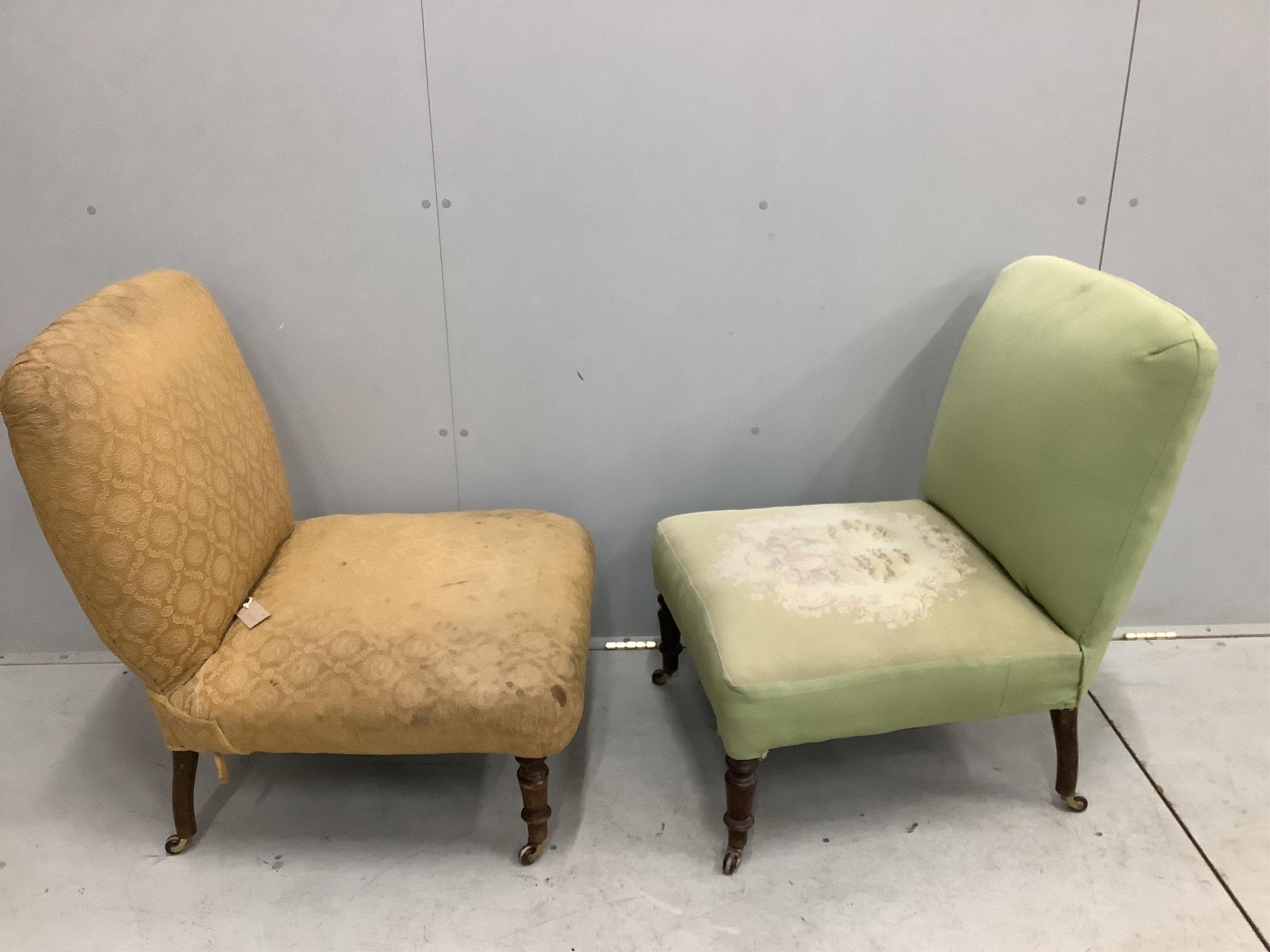 Two Victorian Howard style upholstered side chairs, larger width 64cm, depth 63cm, height 82cm. Condition - fair, upholstery poor on one